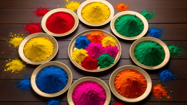 Vibrant holi colors in bowls for hindu festival of colors celebrations