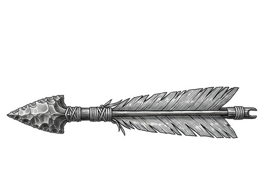 highly detailed, monochromatic engraving sketch of a primitive arrow in side profile on a seamless transparent background, stone arrowhead and feather fletching visible concept of historical tribal