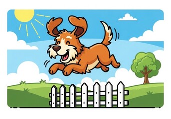 Fototapeta premium Happy dog jumping over fence in sunny garden vector illustration flat design
