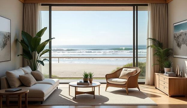 Modern living room with ocean view and comfortable seating, perfect for relaxation,Virtual background, digital meeting background, ms teams background, zoom background