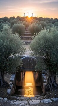 Easter sunrise in olive grove with ancient stone tunnel