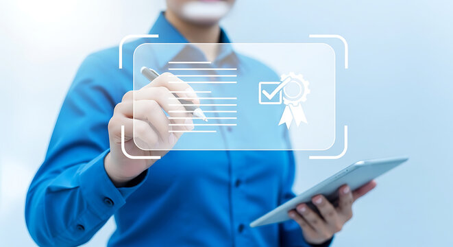 Person holding a tablet and pen, interacting with a digital quality assurance checklist and certification icon overlay