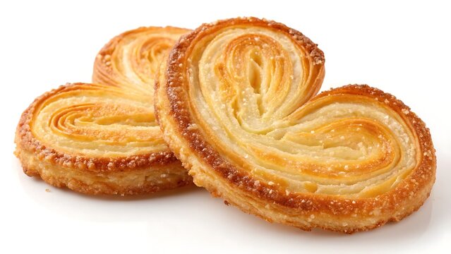 Flaky golden palmier cookies featuring caramelized sugar layers, presented on a white background for premium pastry marketing.