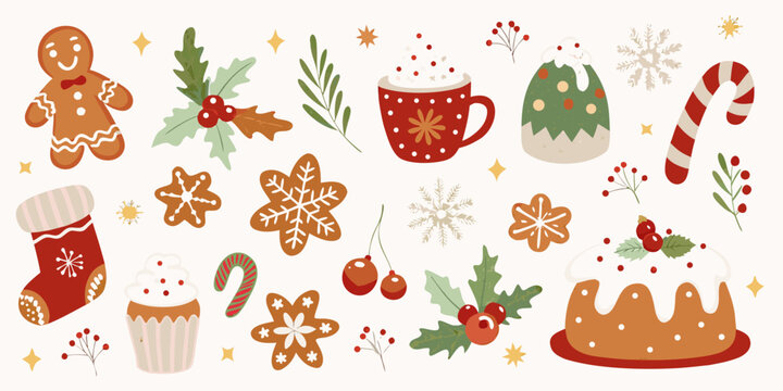 Festive christmas illustrations featuring treats sweets and holiday decorations