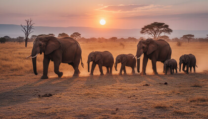 Fototapeta premium Herd of elephants walks across savannah at sunset, creating serene and majestic scene. warm glow of sun casts long shadows, highlighting elephants graceful movements and vastness of landscape
