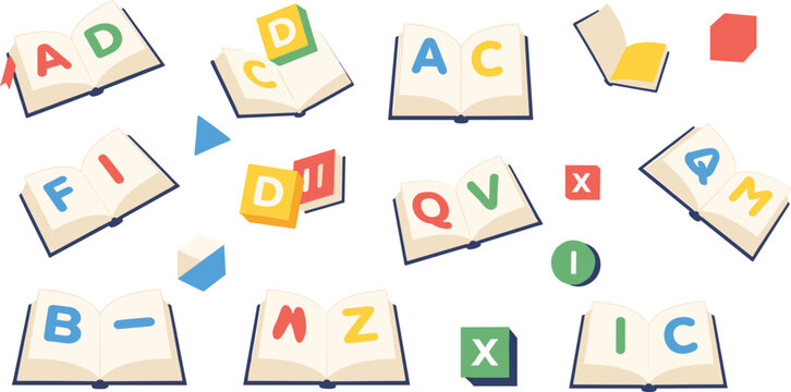 Alphabet Learning and Education Illustration Set with Open Books, Letters, Reading Symbols, Early Childhood Education, and Creative Study Elements