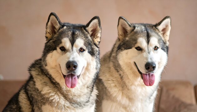 Two Alaskan Malamutes pose closely, with grey, white, and black fur, tongues out, against a blurred beige backdrop