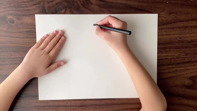 Child writing number one on A4 paper with black pen in slow motion, top view, no sound