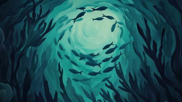 Underwater Exploration School of Fish Dancing Through Dark Seaweed and Coral in Tranquil Blue Ocean, Creating Serene and Mysterious Aquatic Atmosphere
