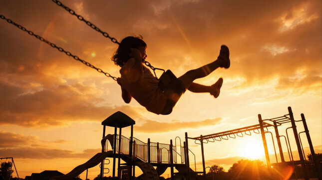 Joyful child swinging at sunset in vibrant playground setting, silhouetted against dramatic orange sky, capturing essence of carefree childhood
