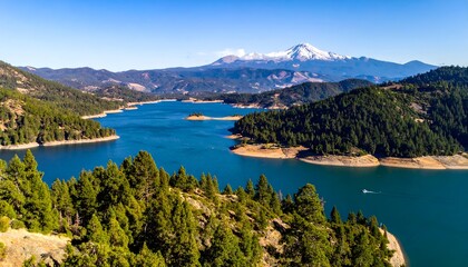 Obraz premium Wide shot of a mountain-lake landscape under a blue sky with green forested terrain in the foreground