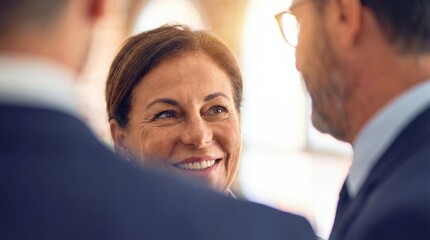 Obraz premium A businesswoman looks attentively to her colleagues while discussing important matters in office.