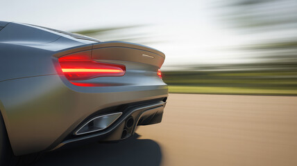 Rear view of a sleek modern sports car speeding along a highway with motion blur background representing high performance automotive engineering luxury transport and fast driving