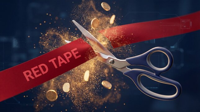 A symbolic image of progress and breaking through obstacles, featuring scissors cutting a red ribbon, with golden coins and particle effects in a dark setting.