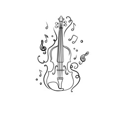 Minimalist continuous line art music collection featuring violin, guitar, vinyl records, and audio cassettes, retro musical instruments black and white illustration.