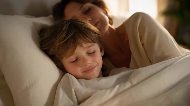 A parent using a gentle bedtime timer in a child&rsquo;s softly lit room, soothing music fading out as the countdown ends and the child drifts into sleep &mdash; family nighttime routine, digital parenting