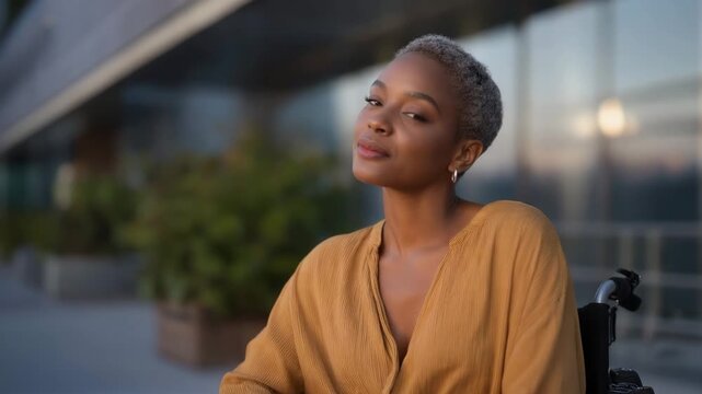 A photographer in a wheelchair capturing street portraits with a professional camera, showcasing creativity and storytelling through a unique perspective &mdash; inclusive arts, creative independence,