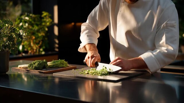 A polished stainless steel kitchen island reflecting warm morning light as a chef chops vegetables, creating a sleek contrast between organic ingredients and industrial-grade surfaces &mdash; modern