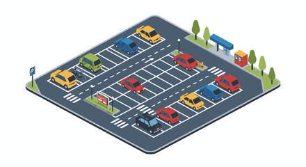 Obraz premium Isometric Parking Lot with Colored Vehicles.