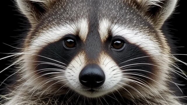 Close-up portrait of a curious raccoon with striking facial markings against a dark background.