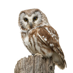 Fototapeta premium PNG of A majestic owl perched on a rustic log, showcasing its beautiful mottled feathers.