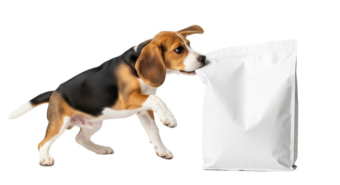Playful Beagle puppy pulling and biting a plain white pet food bag, dog food packaging mockup isolated PNG with Transparent Background