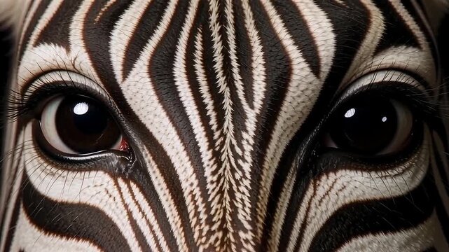 Intense gaze of a zebra, its striking black and white stripes filling the frame.