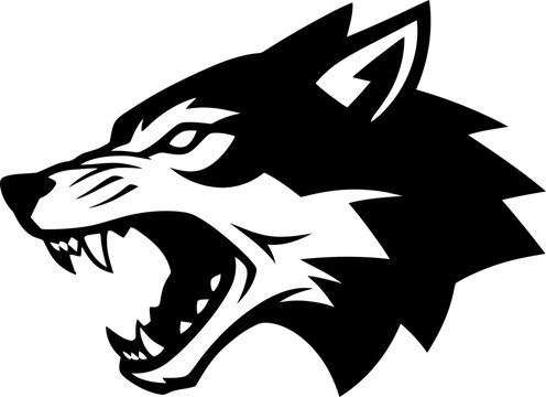 Fierce wolf head growling with open mouth and exposed fangs. Aggressive mammal mascot concept. Black and white vector illustration for sport emblem design