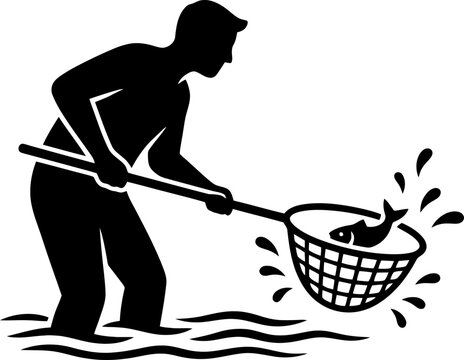 Man catching fish in a scoop net, concept of fishing activity. Vector icon for sport, hobby, and wildlife design
