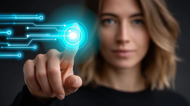 Young woman finger touch touchscreen hologram interface technology futuristic digital interaction woman finger touch touchscreen hologram interface technology futuristic digital interaction conveying