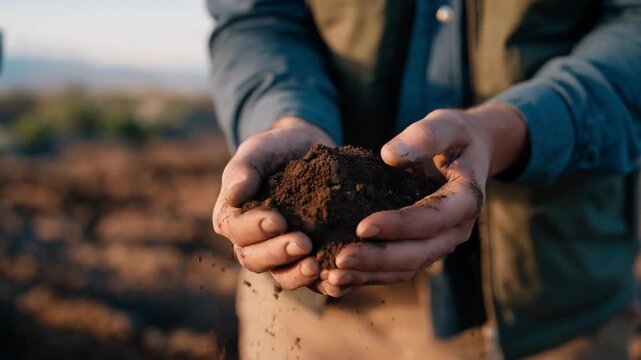 A regenerative agriculture workshop where farmers demonstrate cover cropping and composting techniques, hands lifting rich, dark soil teeming with life &mdash; eco-farming education, soil restoration,