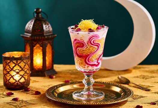 Colorful Falooda Dessert Drink for Ramadan Iftar with Lantern, Crescent Moon and Festive Background