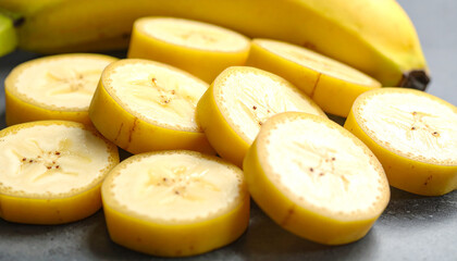 Close up view of sliced yellow bananas arranged on a dark textured surface with a whole banana in the background