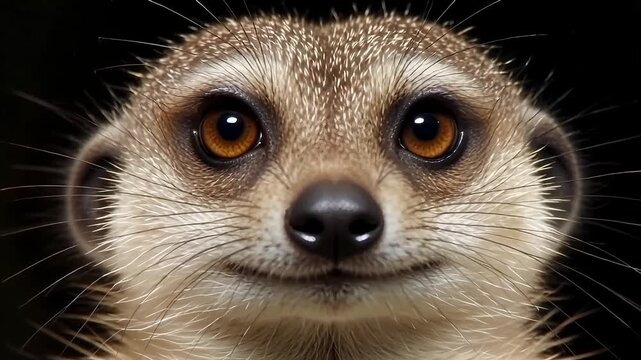 Curious meerkat with wide, expressive eyes and a gentle smile against a dark background.