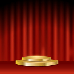 Golden podium on a red curtain background. Luxury stage design concept. Vector illustration