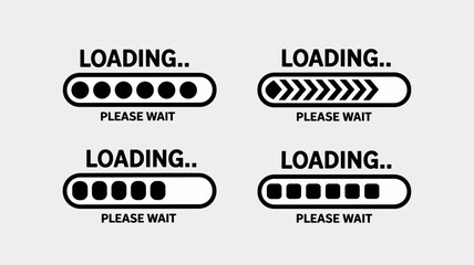 Set of four minimalist black and white loading progress bars with text indicating loading and please wait