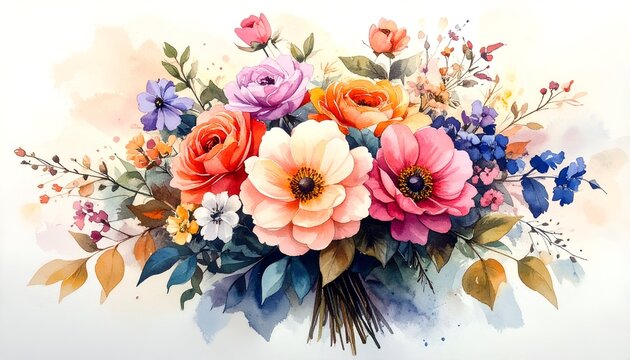 Watercolor bouquet with pinks, oranges, and blues. Soft, blended style gives it a delicate, ethereal quality