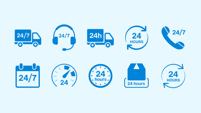 Set of 24/7 service delivery, support, and schedule blue vector icons on light blue background