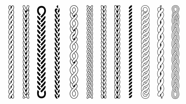 Set of various decorative braided and twisted rope, cord, and hair patterns vector elements