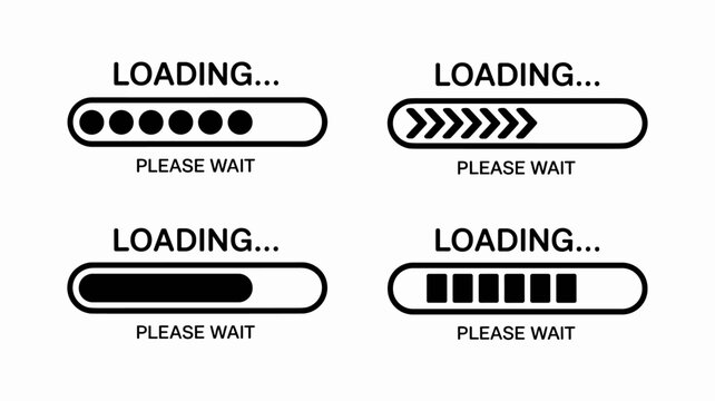 Set of four simple black and white loading progress bars with text indicating loading and please wait