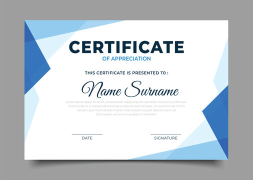 elegant Business blue Certificate of appreciation template geometric triangle design