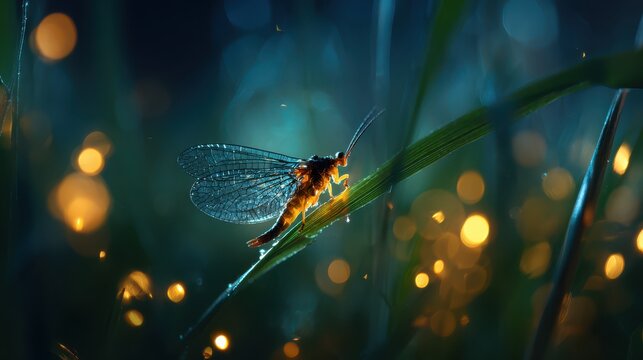 Firefly glowing on a blade of grass at night, magical lighting