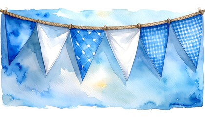 Watercolor bunting banner of blue and white triangle flags hung on a rope against a blurred blue and white background
