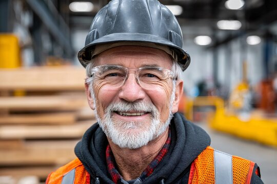 Mature warehouse worker smiling wearing hard hat and safety vest
