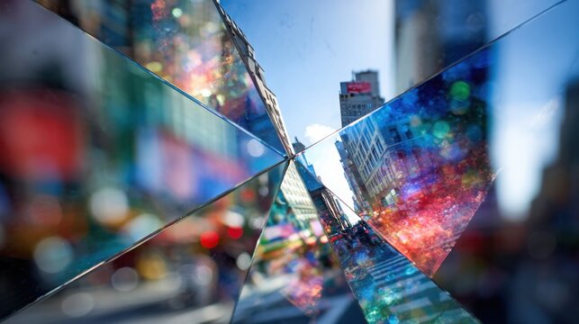 Geometric kaleidoscope reflects vibrant cityscape with buildings, sky, and colorful lights, offering a fragmented urban view.