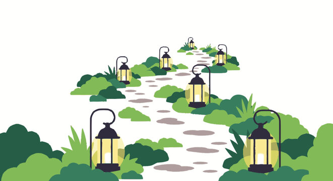 Lanterns on a winding garden path.