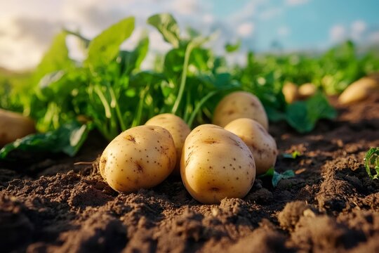 Fresh organic potatoes growing in rich garden soil