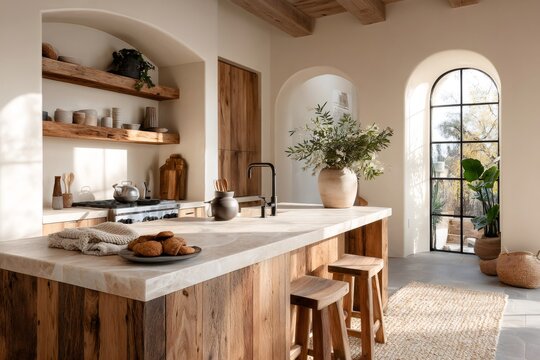 Wabi sabi style kitchen interior with rustic wooden island