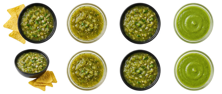 Variety of fresh green salsas in bowls with tortilla chips