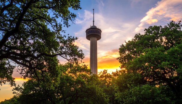 A tall concrete structure with a circular observation deck stands against a sunset. Dense tree foliage frames the view, creating a natural border